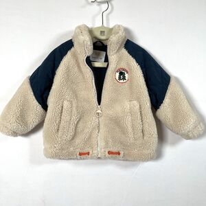 Zara Fleece Toddler Jacket 12-18M Cream Contrasting Beige Navy Pockets Soft Cozy